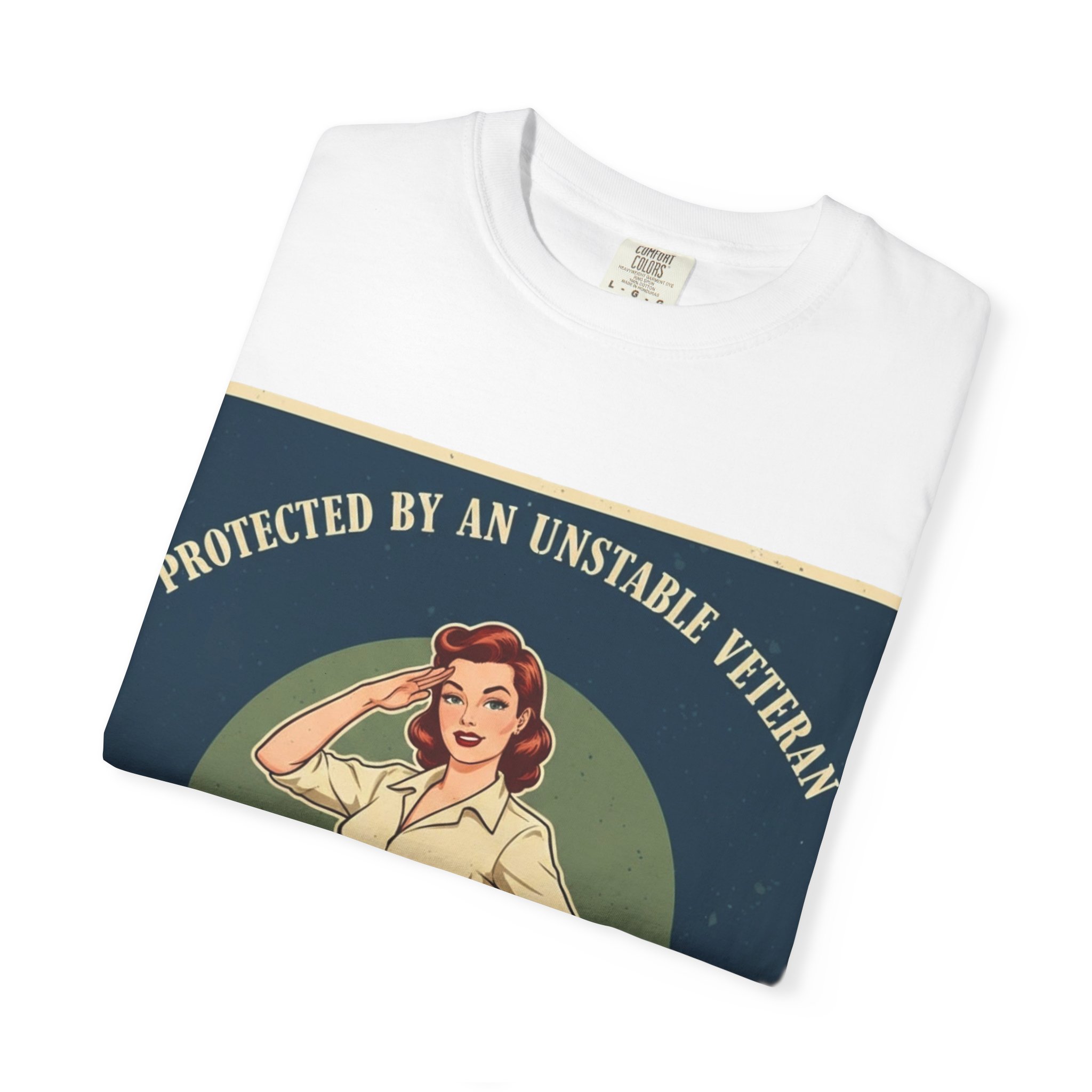 Vintage Pinup 'Protected by an Unstable Veteran' T-Shirt - Image 3