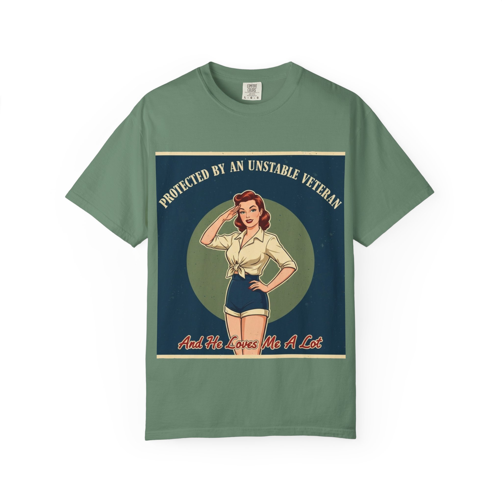 Vintage Pinup 'Protected by an Unstable Veteran' T-Shirt - Image 13