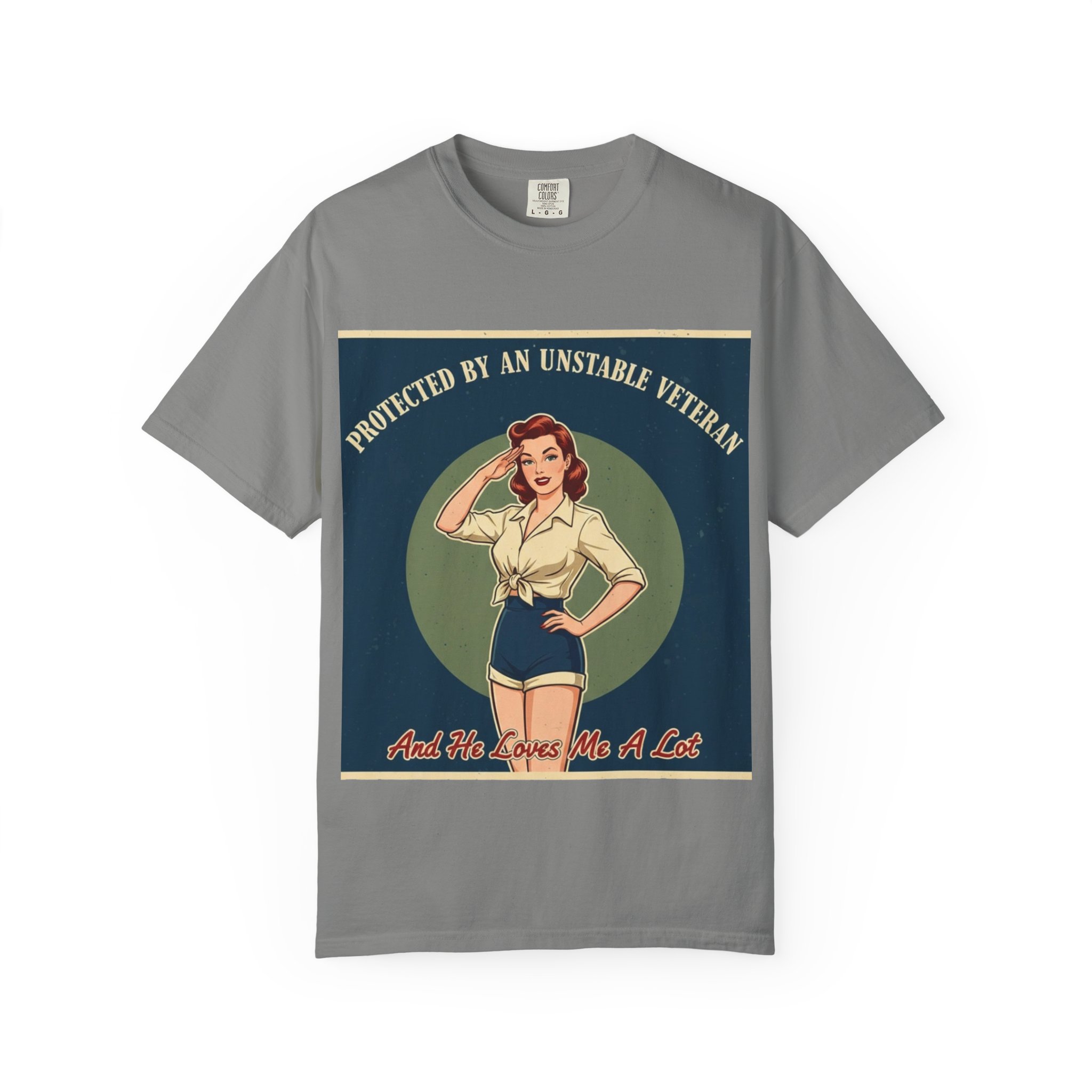 Vintage Pinup 'Protected by an Unstable Veteran' T-Shirt - Image 17