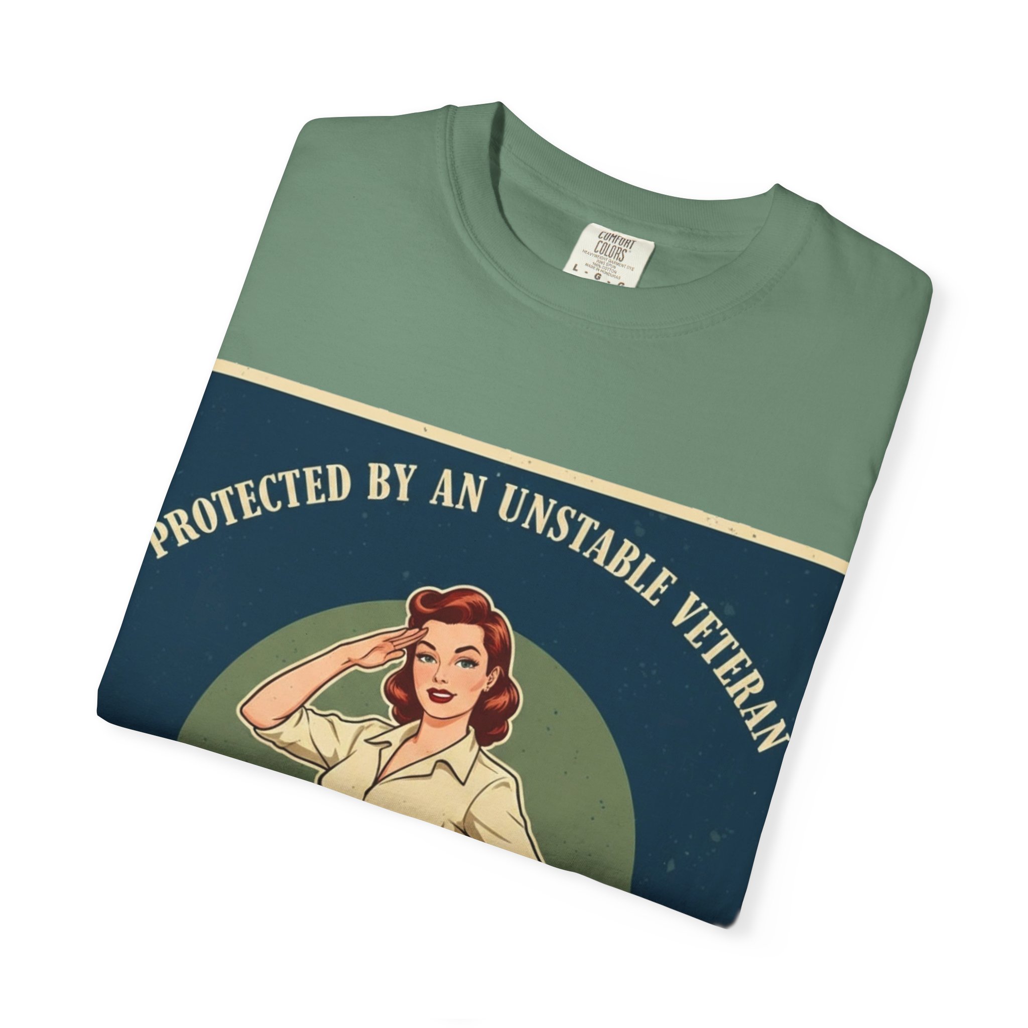 Vintage Pinup 'Protected by an Unstable Veteran' T-Shirt - Image 15