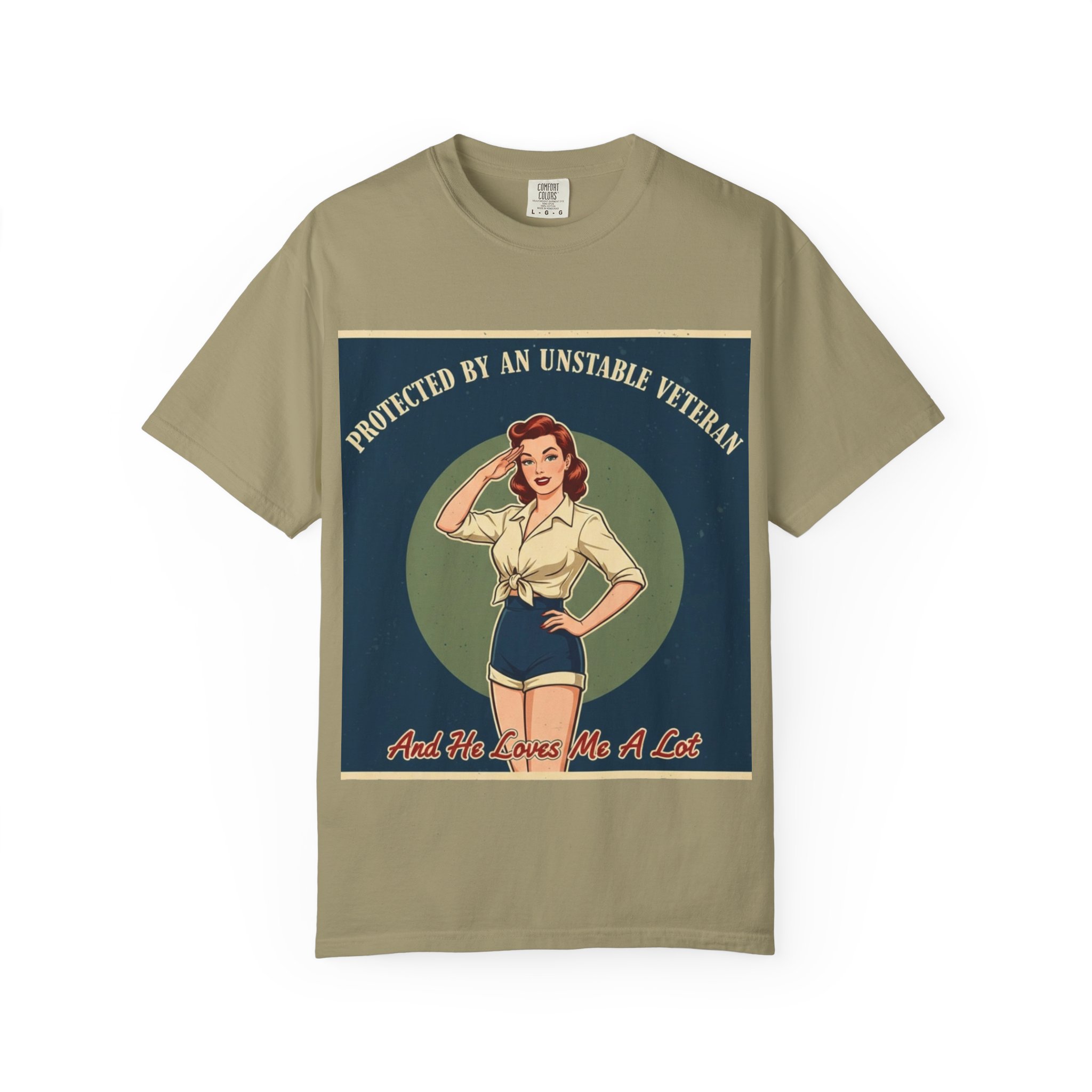Vintage Pinup 'Protected by an Unstable Veteran' T-Shirt - Image 9