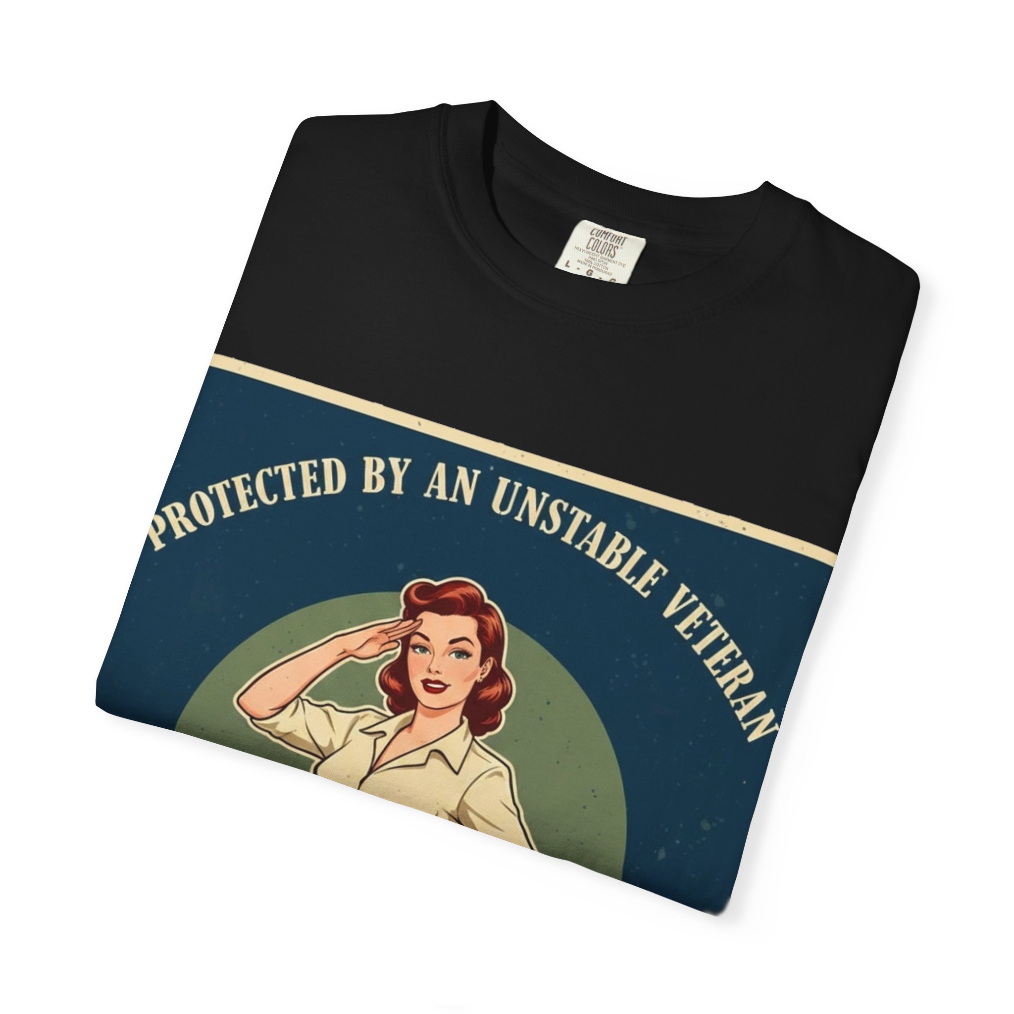 Vintage Pinup 'Protected by an Unstable Veteran' T-Shirt - Image 23