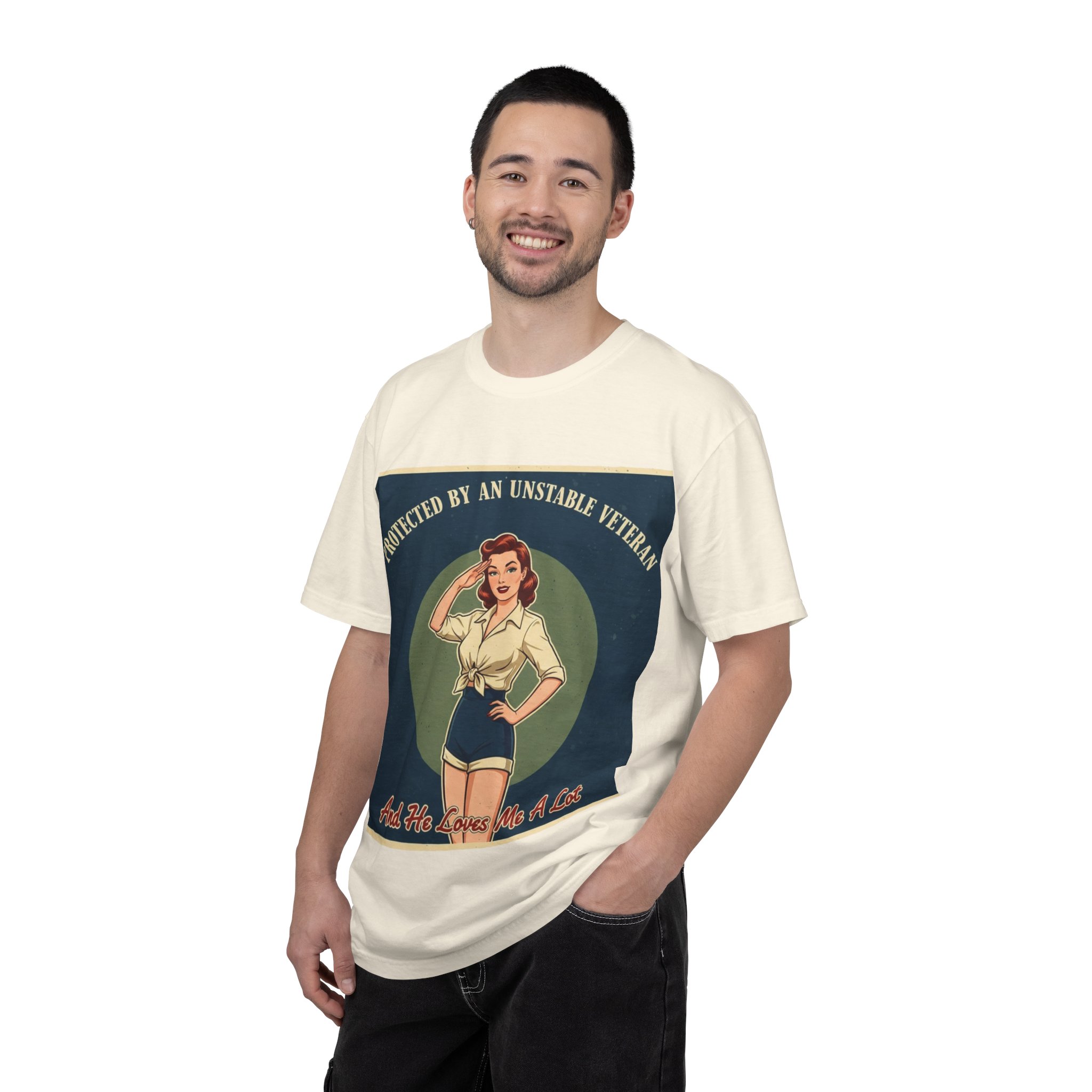 Vintage Pinup 'Protected by an Unstable Veteran' T-Shirt - Image 8