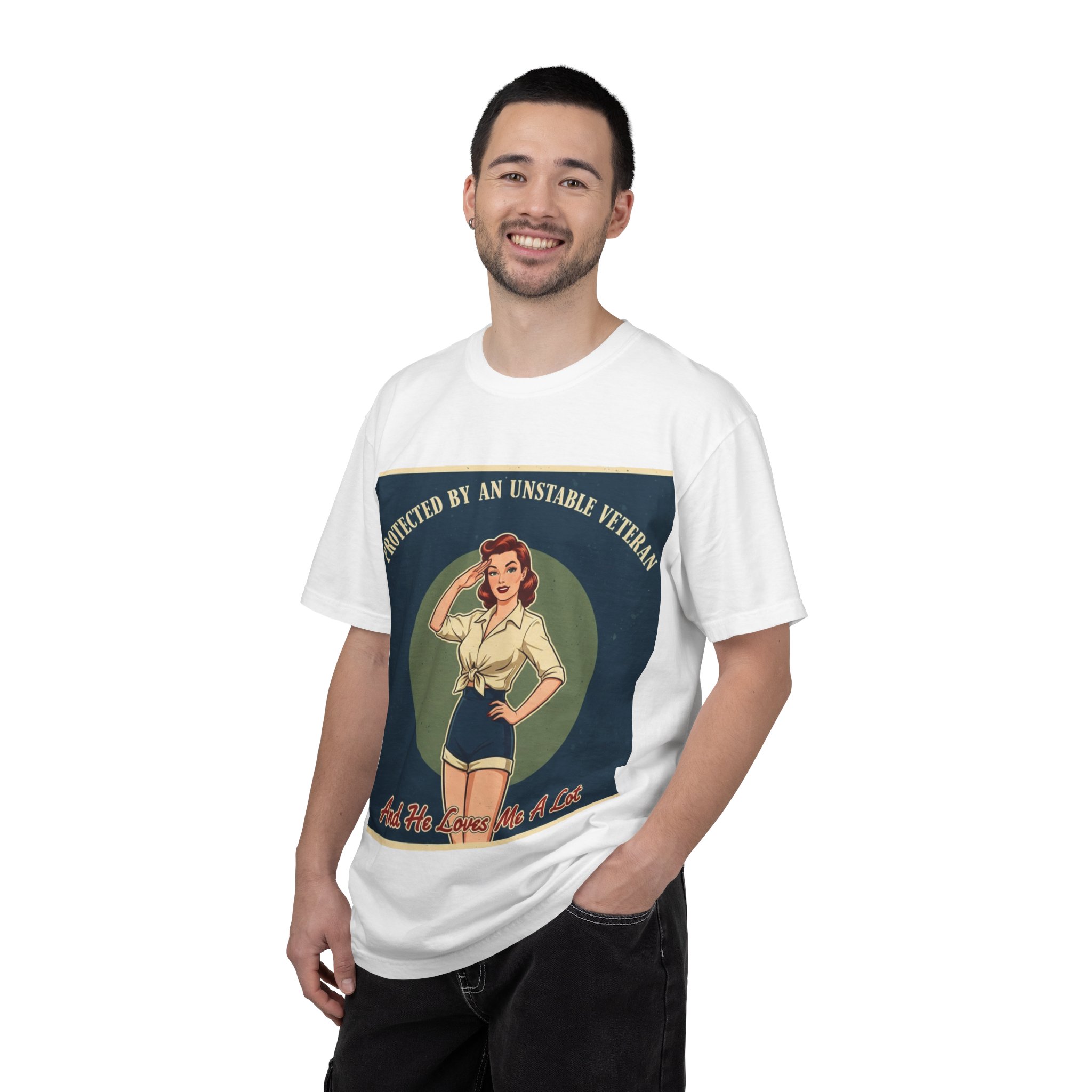 Vintage Pinup 'Protected by an Unstable Veteran' T-Shirt - Image 4